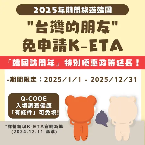 ▲韓國法務部昨（11）日宣布，將延長台灣旅客免申請K-ETA期限至2025年12月31日為止。（圖／取自韓國觀光公社-台北支社臉書）