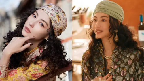 ▲張柏芝身穿一襲碎花連身裙搭配頭巾，留著一頭羊毛卷造型出席品牌活動，看起來復古感十足（圖／張柏芝微博）