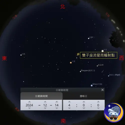 ▲今年雙子座流星雨極大期將出現於12月14日9時26分。（圖／取自「報天文 - 中央氣象署」）