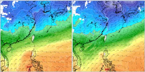 最新(13日20時)歐洲模式(ECMWF),22日20時模擬圖顯示,強冷空氣南下,850百帕零度(紅)線,在北部海面(左圖)。最新美國模式(GFS),下週六(21日)20時模擬圖則顯示,850百帕零度(紅)線,已接觸北部陸地(右圖),其強度較歐洲模擬強,且早了一天。 ▲最新(13日20時)歐洲模式(ECMWF),22日20時模擬圖顯示,強冷空氣南下,850百帕零度(紅)線,在北部海面(左圖)。最新美國模式(GFS),下週六(21日)20時模擬圖則顯示,850百帕零度(紅)線,已接觸北部陸地(右圖),其強度較歐洲模擬強,且早了一天。
