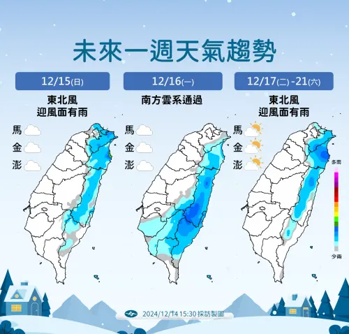 ▲未來一週降雨趨勢，明天受到東北季風影響，基隆北海岸、大臺北、東北部、東部地區及北部山區有局部短暫雨。（圖／中央氣象署提供）