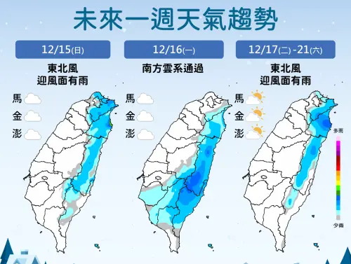 ▲未來一週降雨趨勢，今天受到東北季風影響，基隆北海岸、大臺北、東北部、東部地區及北部山區有局部短暫雨。（圖／中央氣象署）