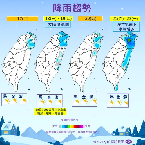 ▲週四和週末兩天，台灣上空水氣較多，被核冷氣團的低溫，3000公尺以上高山有機會下雪。（圖／中央氣象署）