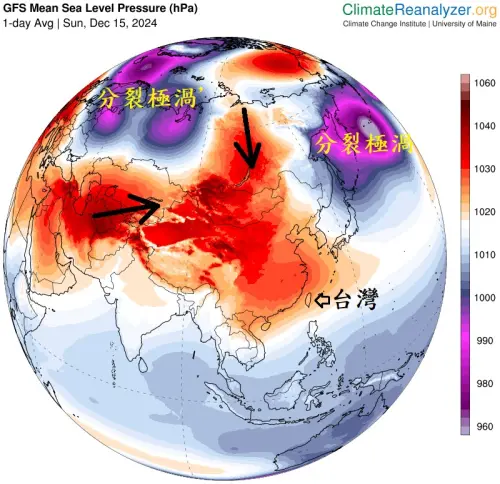 ▲中央氣象局前局長鄭明典指出，極渦已經完全分裂成兩大團，並不斷推送冷空氣南下。（圖／翻攝鄭明典）