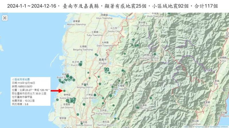 ▲地震專家郭鎧紋指出，今（16）日晚間19點台南學甲規模3.8的地震，在嘉義義竹卻有4級、台南市佳里3級，且該地震震央位置正好位於嘉義義竹布袋群震與台南市麻豆佳里群震間。（圖／郭鎧紋提供）