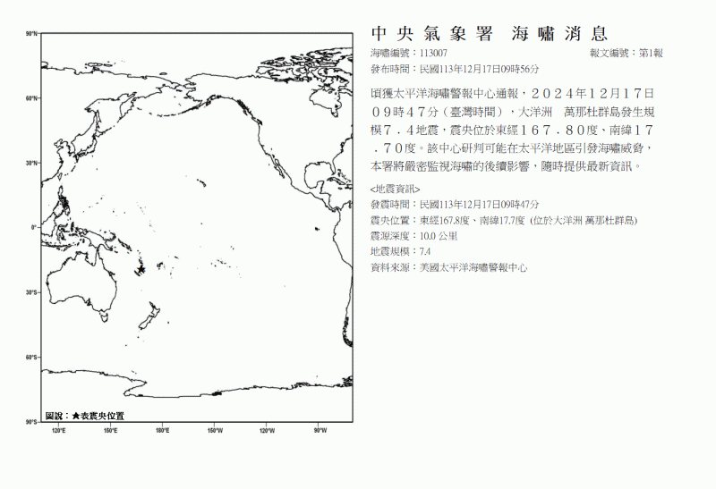 ▲太平洋西南部島國萬那杜發生規模7.4強震，氣象署也發布「海嘯資訊」。（圖／中央氣象署）