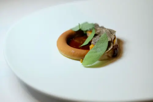 ▲陳喬恩提到的主菜即是圖中的「雞胸 屏東可可 半釉汁」，綠色香草下頭是舒肥過的紅玉雞胸肉，一旁半圓的是綿細的雞肉慕斯，還有現刨松露等食材。（圖／記者葉盛耀）