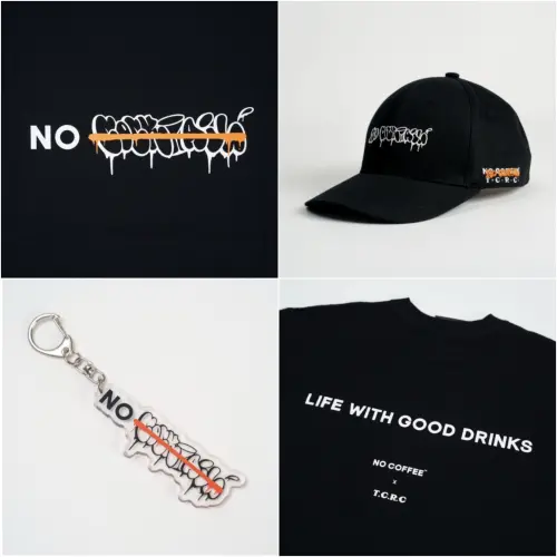 ▲NO COCKTAIL T-shirt 1380元、NC可調式硬頂刺繡棒球帽1280元、NC塗鴉鑰匙圈350元。（圖／NO COFFEE提供）