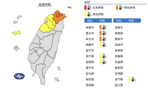 ▲中央氣象署發布「低溫特報」，中部以北要留意10度以下低溫，今天下午至明天清晨要留意10度以下低溫。（圖／中央氣象署）