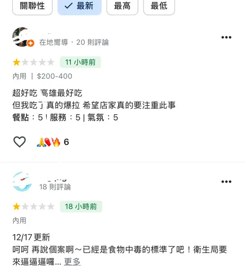 ▲該家拉麵店的Google評論，也有約10人在上面留言，表示都是在16日晚間用餐後拉肚子。（圖／翻攝Google評論）