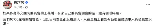 ▲王義川刁難議事人員要喝水，徐巧芯批是「巨嬰」。（圖／翻攝自徐巧芯臉書）