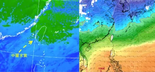 ▲今(19日)晨5：40紅外線色調強化雲圖顯示，中層雲自西南方移入（圖左）；最新(18日20時)歐洲模式(ECMWF)、下週(22)日8時模擬圖顯示，強冷空氣南下，850百帕零度（紅）線接近北部陸地（圖右）。（圖／取自「謝天機教室」）