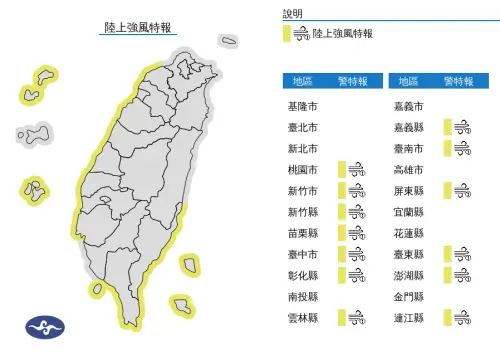 ▲氣象署在10:30發布陸上強風特報。（圖／中央氣象署）