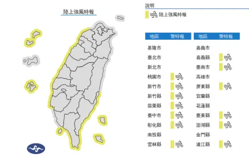 ▲東北風明顯偏強，桃園至臺南沿海空曠地區及恆春半島、蘭嶼、綠島、澎湖、馬祖易有9至10級強陣風。（圖／翻攝自中央氣象署）