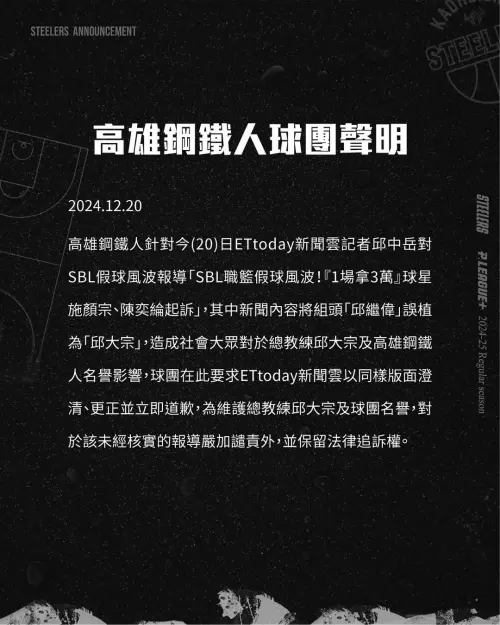 ▲有媒體在新聞中將組頭名字誤植為高雄鋼鐵人總教練邱大宗，鋼鐵人球團發明要求該媒體「澄清、更正並立即道歉」。（圖／高雄鋼鐵人FB）