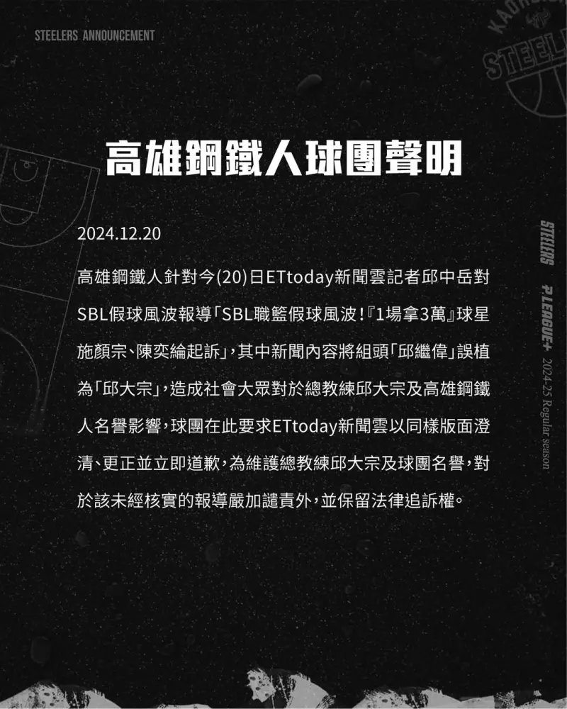 ▲有媒體在新聞中將組頭名字誤植為高雄鋼鐵人總教練邱大宗，鋼鐵人球團發明要求該媒體「澄清、更正並立即道歉」。（圖／高雄鋼鐵人FB）