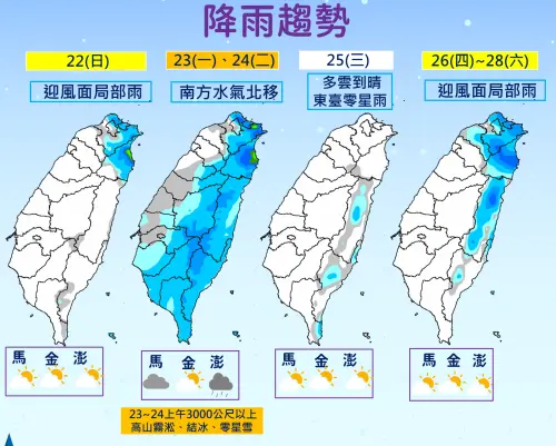 ▲下週一、下週二南方雲系北移，全台降雨機率提高，體感非常濕冷。（圖／中央氣象署）