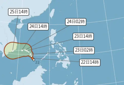 ▲今（22）日上午8時，南海生成新的「熱帶性低氣壓」，最快在24小時內有機會增強為「帕布颱風」。（圖／中央氣象署）