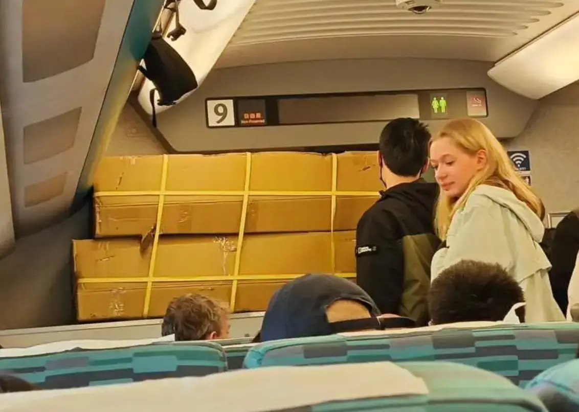 ▲日前有乘客搭高鐵時遇到有民眾帶超大紙箱上車，甚至橫躺賭住車廂出入口。（圖/乘客時小姐提供）