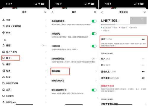 ▲LINE官方提供清除快取3步驟，讓用戶可以快速釋放大量儲存空間。（圖／手機截圖）