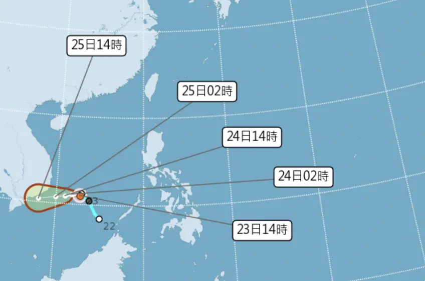 ▲今年第26號颱風「帕布」今（23）日下午2時生成，路徑將朝中南半島接近，對台灣無直接影響。（圖／中央氣象署）