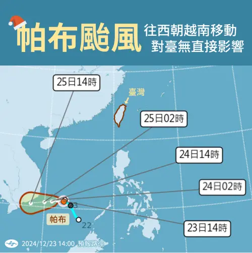 ▲氣象署說明，今天生成的「帕布颱風」，路徑對台灣沒有直接影響。（圖／中央氣象署）