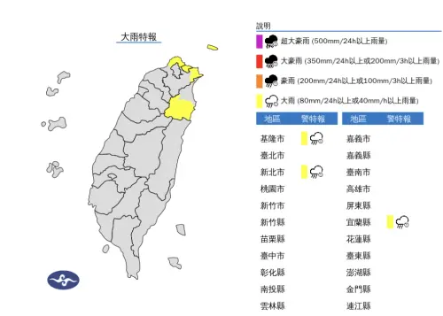 ▲氣象署發布「大雨特報」，提醒基隆北海岸及宜蘭山區有局部大雨。（圖／中央氣象署）