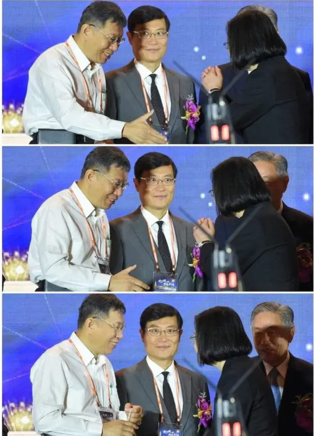 ▲位於中間的陳正祺也瞪大眼睛直視鏡頭，網友笑稱與《玩具總動員》的胡迪警長如出一轍，因此被稱為「胡迪次長」。（圖／取自鄭運鵬臉書）