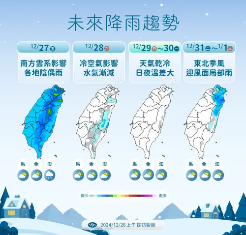 ▲週五南方水氣影響，各地降雨機會高。（圖／中央氣象署提供）