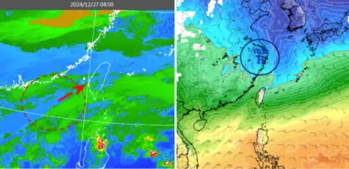 ▲今（27）日4：50紅外線色調強化雲圖顯示，南海有中層雲移入台灣（圖左）；週六20時模擬圖顯示，850百帕零度(紅)線觸及北部陸地（圖右）。（圖／取自洩天機教室）