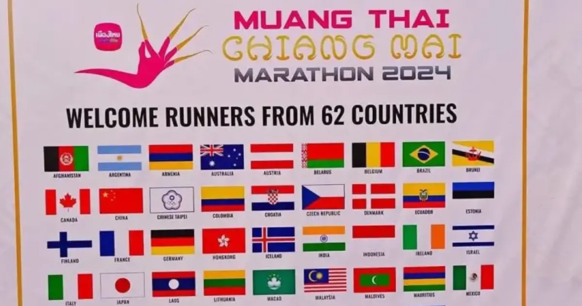 ▲泰國清邁馬拉松的參賽國家看板，標註台灣的國旗竟與中華台北奧會會旗同時出現在看版上，掀起討論。（圖／翻攝自@yiyilin0602Ｘ）