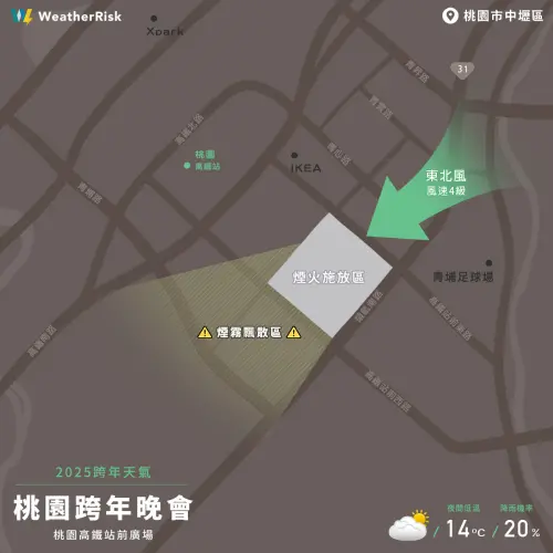 ▲桃園跨年晚會天氣風向圖。（圖／天氣風險公司提供）