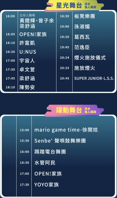 台北跨年2025/演唱會直播轉播、卡司順序、節目時間交通管制一覽 ▲閃耀新北1314跨河煙火「星光舞台」、「躍動舞台」演出節目表。(圖/翻攝自活動官網)