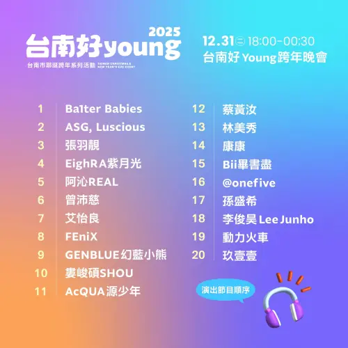 ▲台南好Young跨年演唱會藝人卡司出場順序。（圖／翻攝自台南好Young 官方臉書）