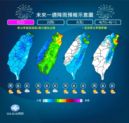 ▲元旦天氣開始出現明顯降雨，週四水氣更多，東北部甚至要留意局部大雨。（圖／中央氣象署）