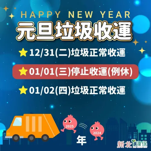 ▲1月1日元旦正值星期三，新北市垃圾車例休，垃圾、回收與廚餘均停止收運。（圖／新北i環保臉書）