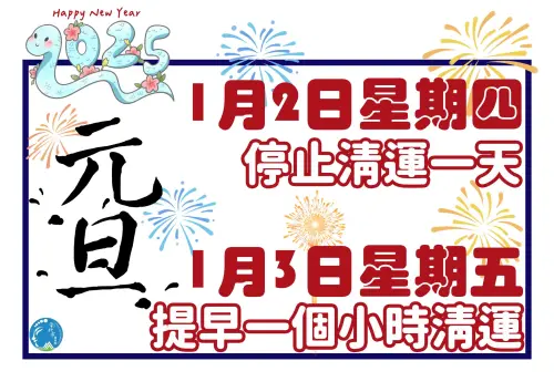 ▲彰化市元旦周三垃圾車例休停收，注意1月2日也沒有收垃圾，1月3日提早一小時清運。（圖／彰化市清潔隊臉書）