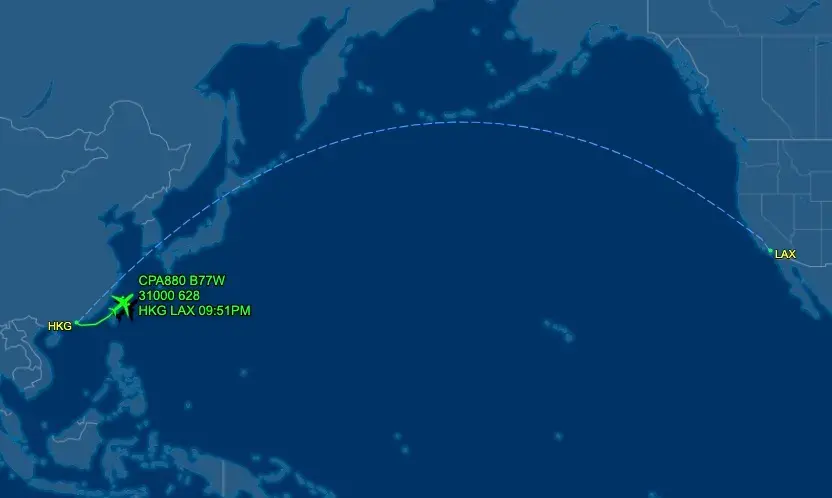 ▲有些旅客成功跨年兩次，國泰航空808號班機於香港時間1月1日起飛前往洛杉磯，經歷將近14小時的飛行後，跨越國際換日線，降落洛杉磯時仍是當地2024年12月31日晚上10時，又可以再度迎接2025年。（圖／翻攝自FlightAware網站）