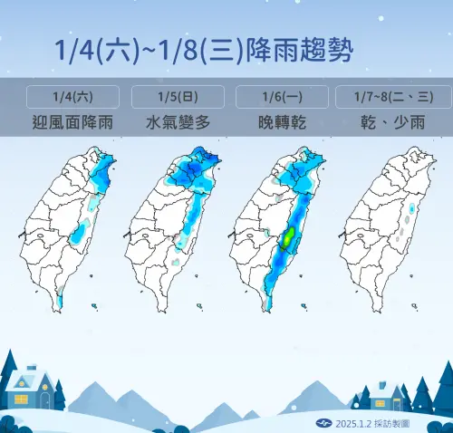 ▲週日台灣受到低壓影響，北部、東半部有雨，下週冷氣團影響期間乾冷，雨勢較不明顯。（圖／中央氣象署）