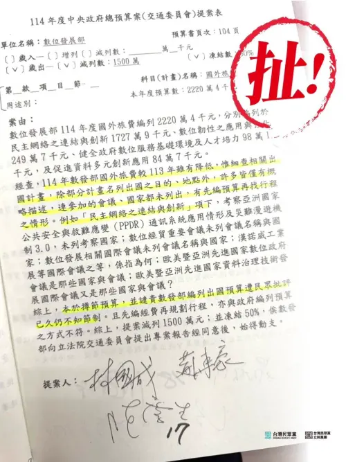 交通委員會審查數發部預算,提案刪除預算。(圖/民眾黨團提供) ▲交通委員會審查數發部預算,提案刪除預算。(圖/民眾黨團提供)