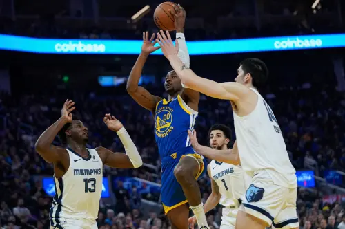 ▲NBA例行賽金州勇士今（5）日出戰曼菲斯灰熊，Stephen Curry因傷缺陣，球隊需要新星Jonathan Kuminga有所發揮，他也在上半場攻下並列兩隊之冠的13分，幫助勇士以58：54領先灰熊。（圖／美聯社／達志影像）