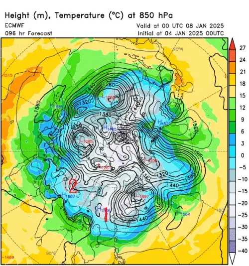 ▲標示1的冷空氣持續往南出海，標示2的空氣接續在後，進而讓冷空氣不斷往台灣輸送。（圖／鄭明典臉書）