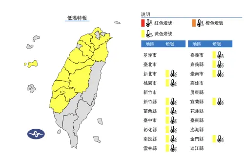 ▲中央氣象署發布「低溫特報」，提醒台南以北，今晚至明日清晨要留意10度以下低溫。（圖／中央氣象署）