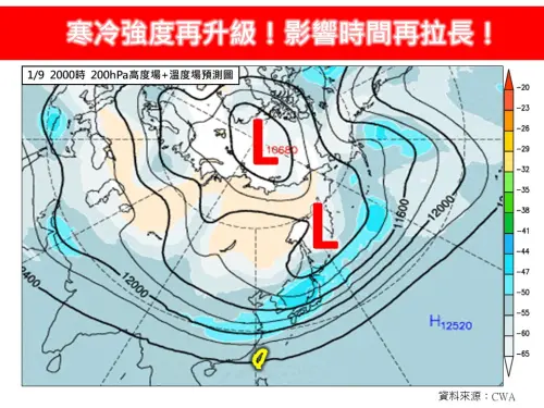 明日開始,寒冷空氣強度再升級,上探強烈大陸冷氣團,低溫將再下降到攝氏11至13度。(圖/取自「林老師氣象站」) ▲明日開始,寒冷空氣強度再升級,上探強烈大陸冷氣團,低溫將再下降到攝氏11至13度。(圖/取自「林老師氣象站」)