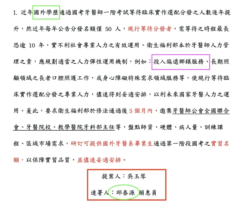 ▲2022年5月《醫師法》修法,附帶7項決議引發爭議,其中現任衛福部長邱泰源,以及女兒也是波波醫師的賴惠員,都是當時連署的立委之一。(圖/2022年醫師法修法之附帶決議)