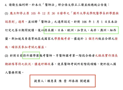 ▲2022年5月《醫師法》修法，附帶7項決議引發爭議，其中現任衛福部長邱泰源，以及女兒也是波波醫師的賴惠員、立委陳瑩等人都是當時連署的立委之一。（圖／2022年醫師法修法之附帶決議）