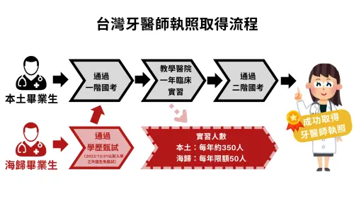 ▲本土與海歸畢業生在台考取牙醫師資格流程示意圖。（圖／NOWnews製表）