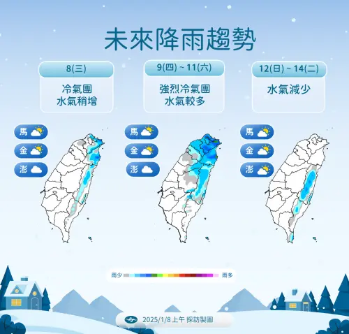 ▲明（9）日強烈大陸冷氣團南下，各地氣溫下降，臺灣北部、東半部地區、恆春半島及中部山區有局部短暫雨。（圖／中央氣象署提供）