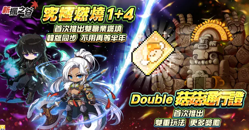 ▲《新楓之谷》究極燃燒再突破1+4等,搭配「Double菇菇通行證」雙重玩法更多獎勵。(圖/遊戲橘子提供)