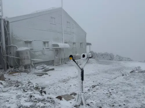 ▲▲今晨6時32分南投縣玉山出現零下5.3度低溫，玉山北峰今早畫面曝光。（圖／中央氣象署）